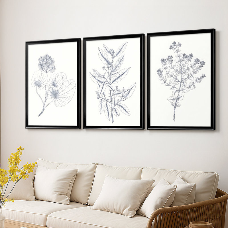 Indigo Botany Study IV - Toile tendue avec châssis sur mesure - 3 pièces, Noir, H 30 po x l 63 po