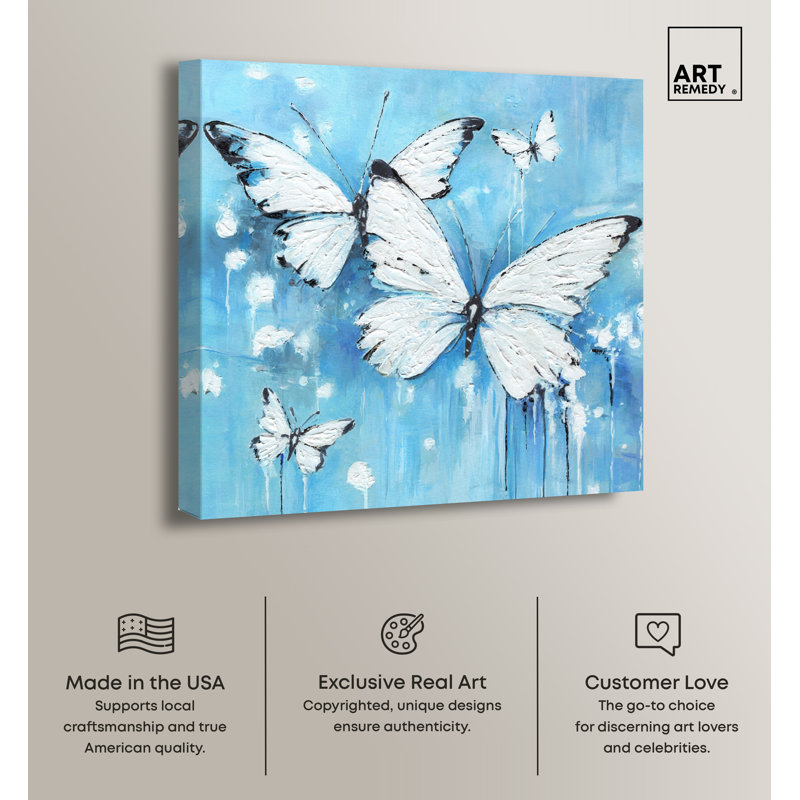 Textured White and Blue Butterfly Canvas Wall Art, 24" x 24"