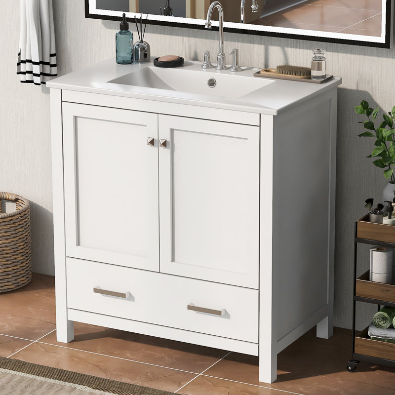 Nebo Single Bathroom Vanity with Ceramic Top, Silver, White, 30"
