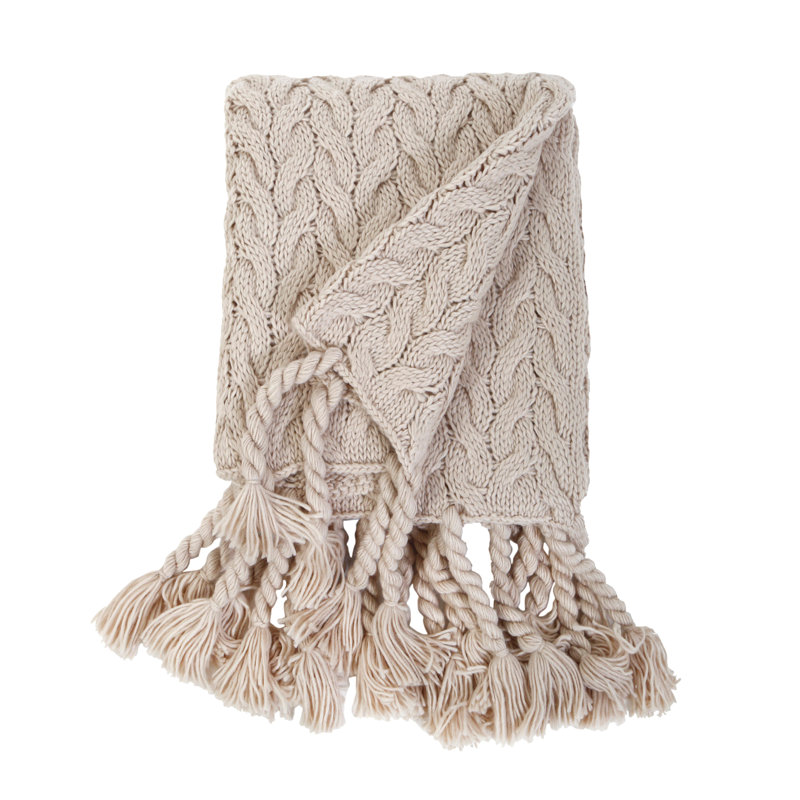 Taupe Cable Knit Throw Blanket with Tassels