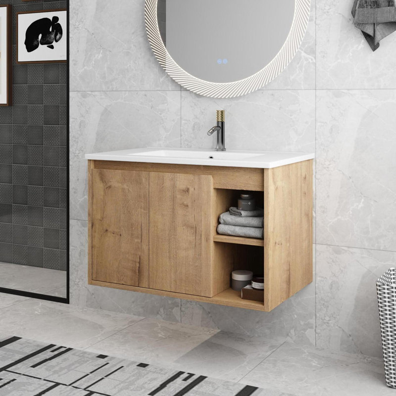 30'' Wall Mounted Single Bathroom Vanity with Ceramic Basin Sink Top, Floating Vanity with 2 Doors and 1 Shelf