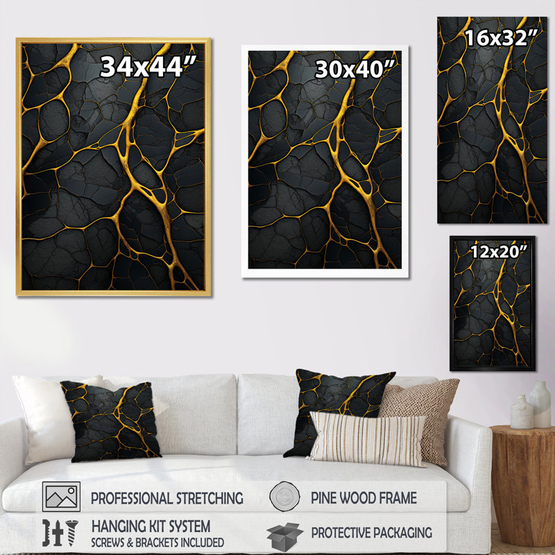 «Volcano Volcanic Veins I», reproduction sur toile, Cadre doré simple, H 32 po x l 16 po x P 1 po