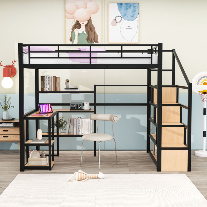 Lit mezzanine en métal avec bureau intégré et tablettes de rangement