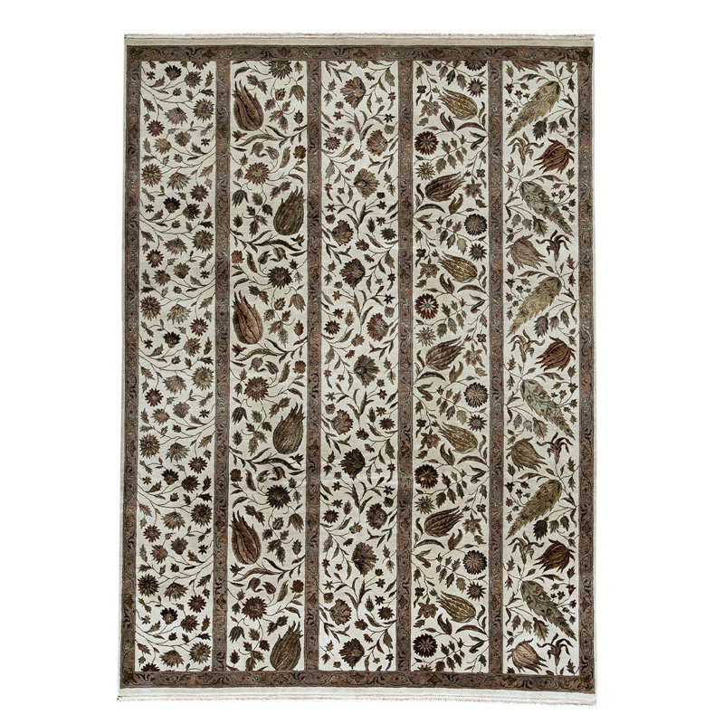 Tapis ivoire / brun noué à la main de conception unique 9 pi 1 po x 12 pi 3 po