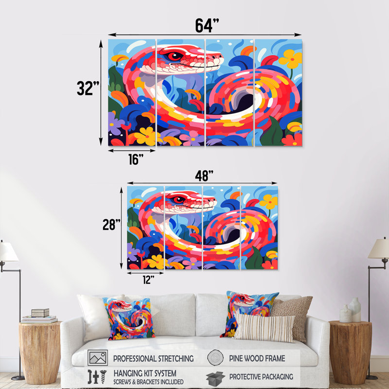 Popart Snakes Grace - ensemble d'art mural 4 pièces Snake, H 32 po x l 64 po