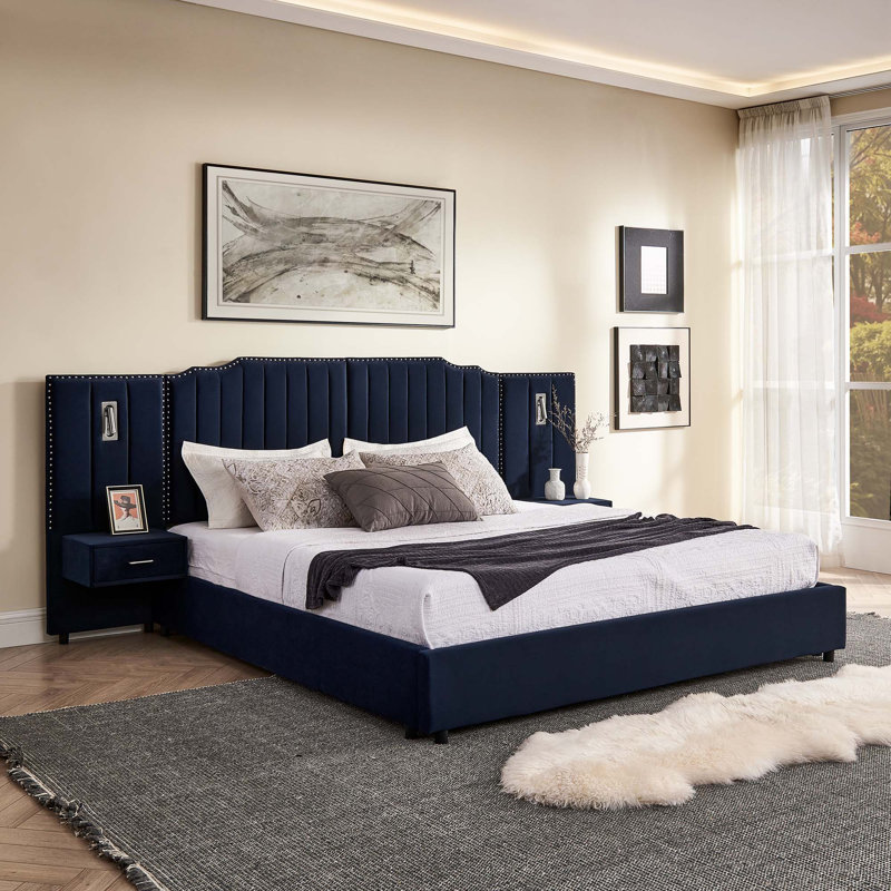 Queen Size Upholstered Bed Frame With Velvet Fabric, Vertical Stripe Design With Buttons Around  Platform Bed With Headboard, Solid Frame & Bedside Table - No Box Spring Needed-Gray