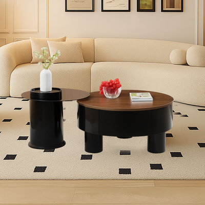 Ensemble de 2 tables basses gigognes Minimalist avec plateau en verre et tiroirs pour le salon de la chambre à coucher