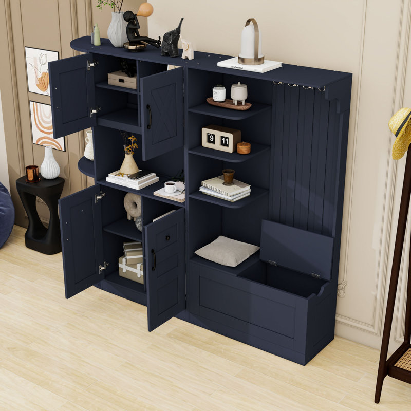 Versatile Hall Tree Combination with Storage Shelves, Hooks, Shoe Bench and Cabinet, Antique Blue