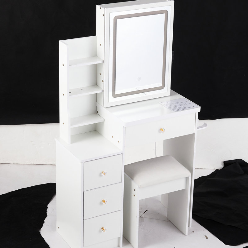 Small Left Bedside Vanity Cabinet With Snug Relaxing Stool, Extraordinarily Massive Touch-Control Sliding Led Mirror, 2 Ac + Power Socket, Hair Dryer Stand, Switchable Lighting, , , Ul Accredited,