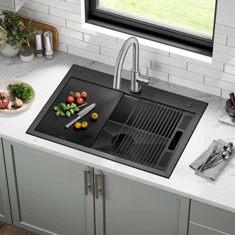 Delta Rivet™ Black Stainless Steel Drop-In Top Mount 16 Gauge Workstation Kitchen Sink Single Bowl, 30" L x 22" W