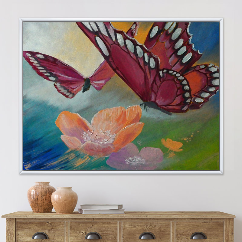 Papillon sur fleurs roses - peinture sur toile, H 16 po x l 32 po x p 1 po, Cadre flottant blanc