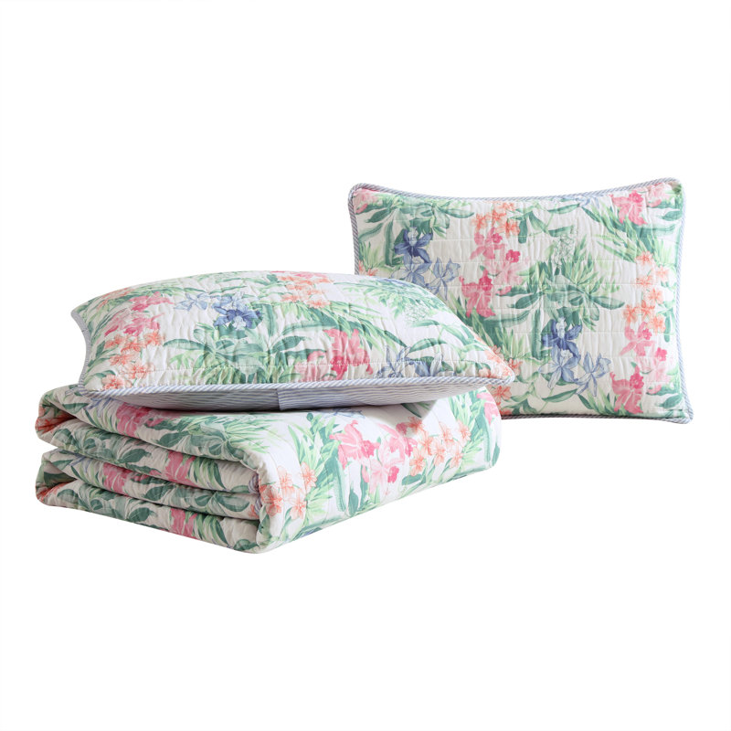 Island Orchid Tropical Cotton Floral Quilt, Queen Quilt + 2 Standard Shams, White/Green/Pink