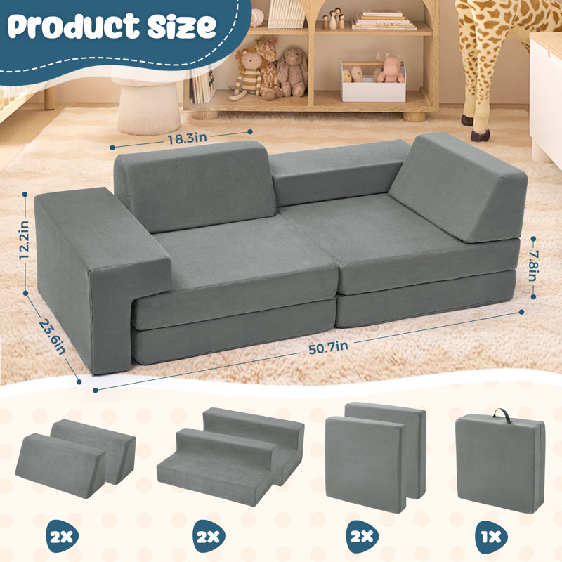 Canapé pour enfants et tout-petits, canapé-lit pliant convertible, canapé modulaire multifonctionnel 7 en 1 pour jouer, créer et dormir
