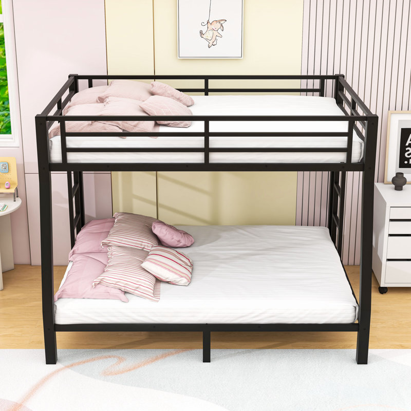 Metal Bunk Bed With Ladder And Guardrails, Black, Full XL Over Queen