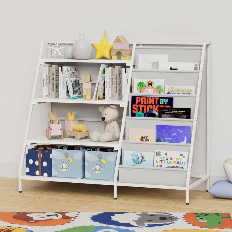 Johnson Metal Book Display, Bookshelf And Toy Storage Organizer - 4 Tier Book Shelf, White/Gray