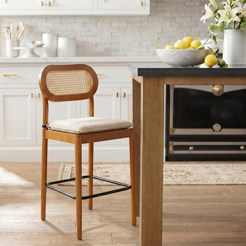 Jacindo Coastal Solid Wood Counter Stool with Rattan Backrest and Removable Padded Cushion, Acorn