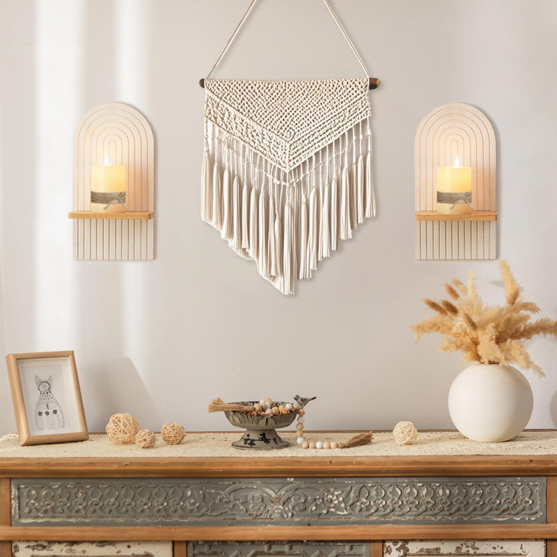 Ensemble de deux bougeoirs muraux en bois naturel Mid Century Boho, White