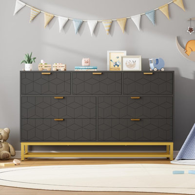 Commode pour chambre à coucher, organisateur de commode de 53,5 po de largeur, 7 tiroirs avec poignée et pieds en métal doré, commode moderne pour placard, couloir, salon, entrée, noir