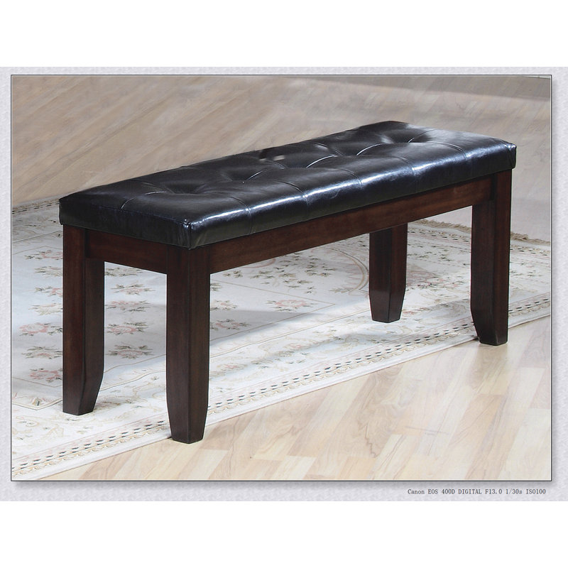 1Pc Modern Bench with Leather-Look Seat Tufted Upholstery Tapered Wood Legs Bedroom Living Room Furniture Cherry  Finish