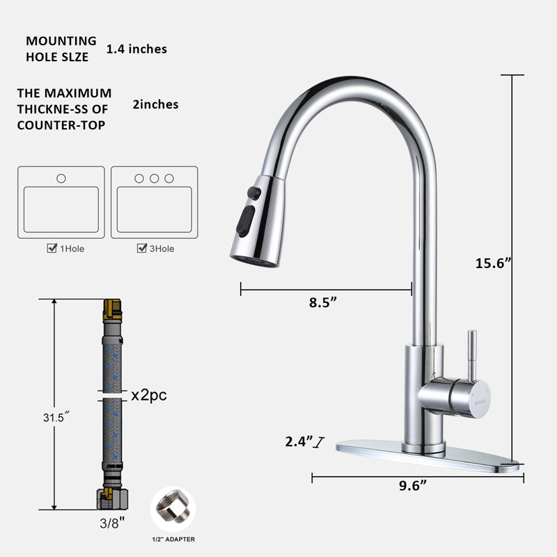 Kitchen Faucet With Sprayer, Stainless Steel High Arc Single Handle Sink Faucet, Suitable For 1 Hole Or 3 Holes., Chrome