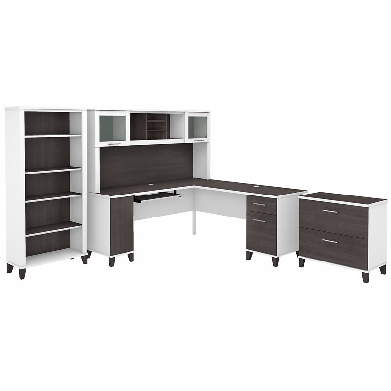 Ensemble de bureau d'ordinateur en L avec huche Magomed, Gris orage / Blanc