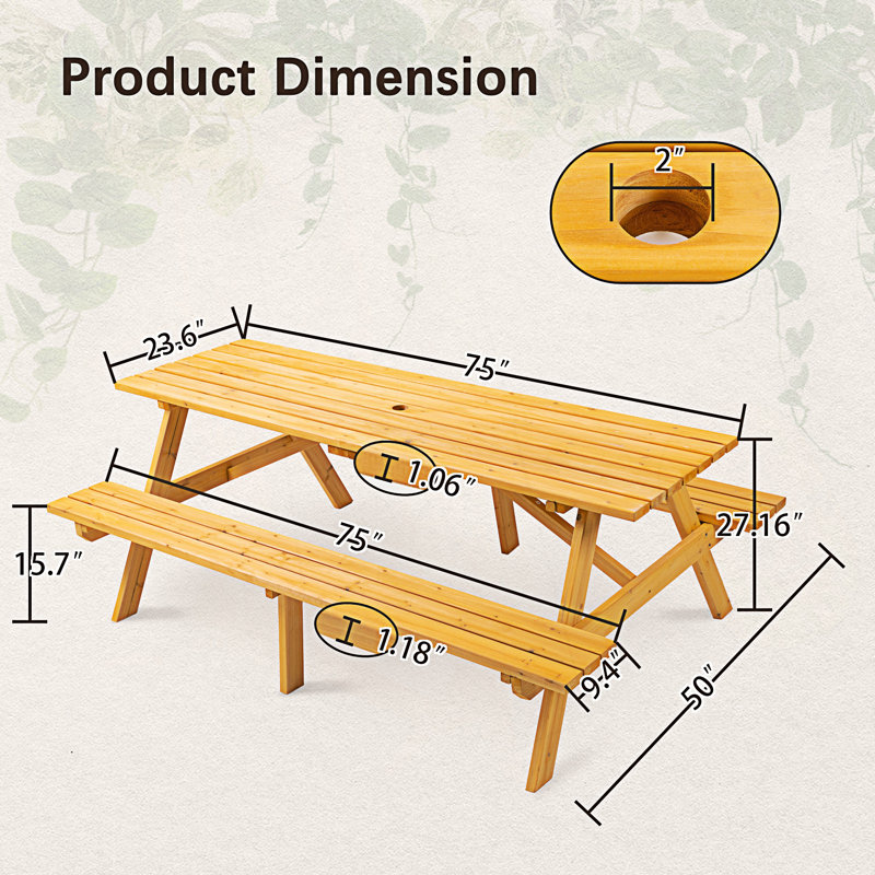 8 Person Picnic Table, Outdoor Camping Dining Table With 2 Built-In Benches, Yellow