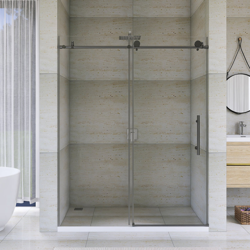 56-60 "W X 76" H Single Sliding Frameless  Shower Door In Brushed Nickel Finish,  Brushed Nickel