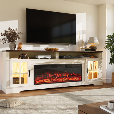 Meuble télé avec foyer 80 po, meuble télé avec tablettes réglables et portes en verre, console de télévision avec trous pour câbles
