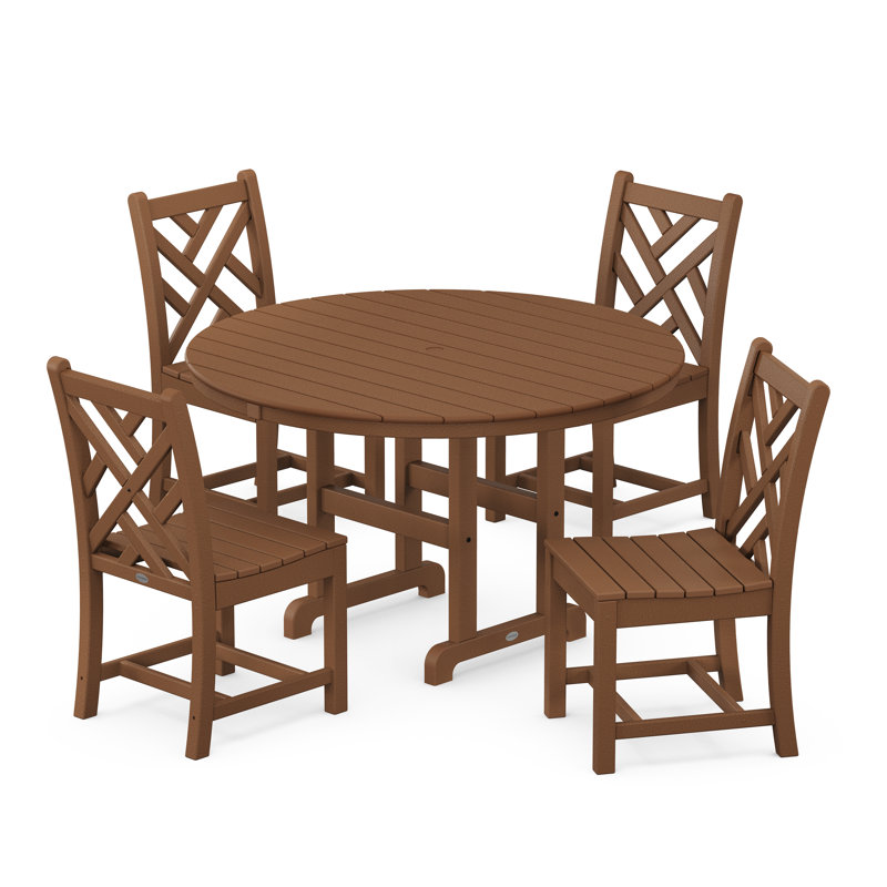 Chippendale 5-Piece Round Farmhouse Side Chair Dining Set, Teak
