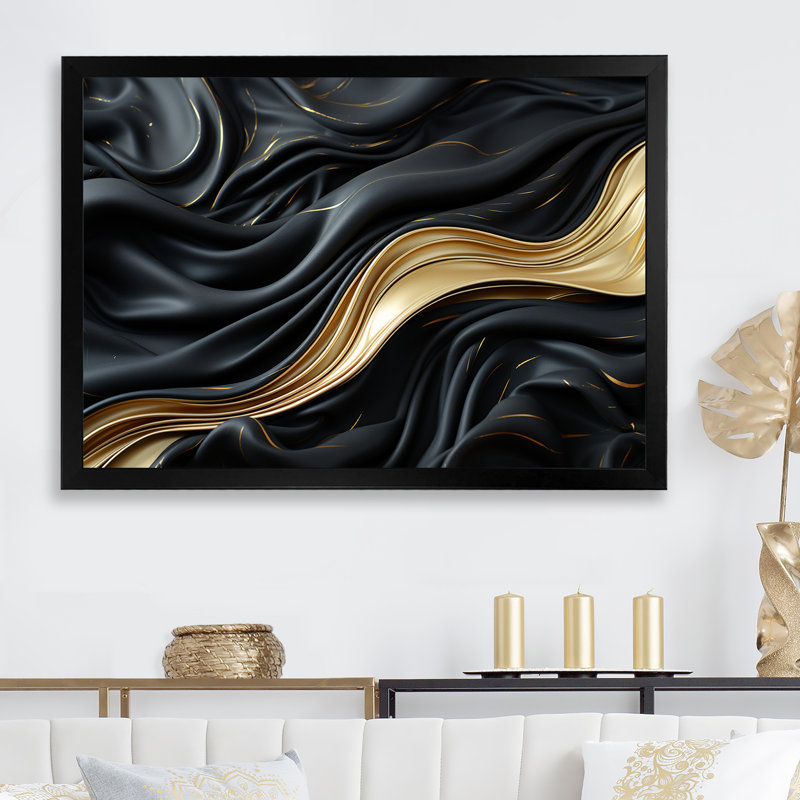 Décoration murale or et noir Soft Wave Fusion - formes abstraites, Cadre simple noir, H 30 po x l 40 po x P 1,5 po