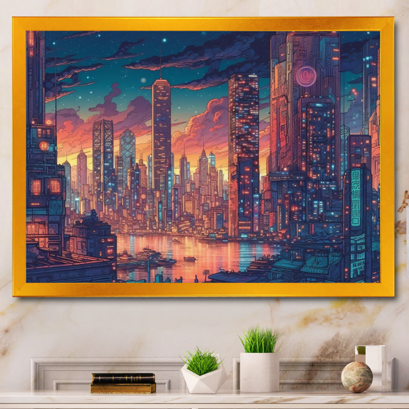 "Blue and Pink Elegance In Expanse", reproduction d'art sur toile, H 12 po x l 20 po x P 1 po, Cadre flottant doré