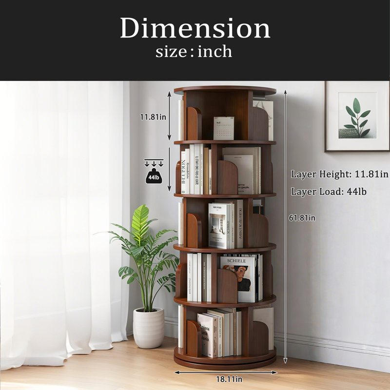 Bibliothèque rotative à 5 niveaux, étagère ronde rotative à 360 °, peu encombrante, petite bibliothèque rotative pour chambre à coucher, salon, maison, bureau