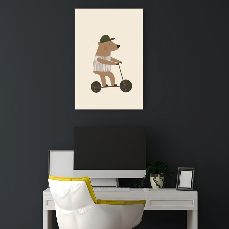 Bear On Scooter Modern Playful Whimsical Bear Wall Art Print by Mathieu - Wrapped Canvas Print, 45.72cm H x 30.48cm W