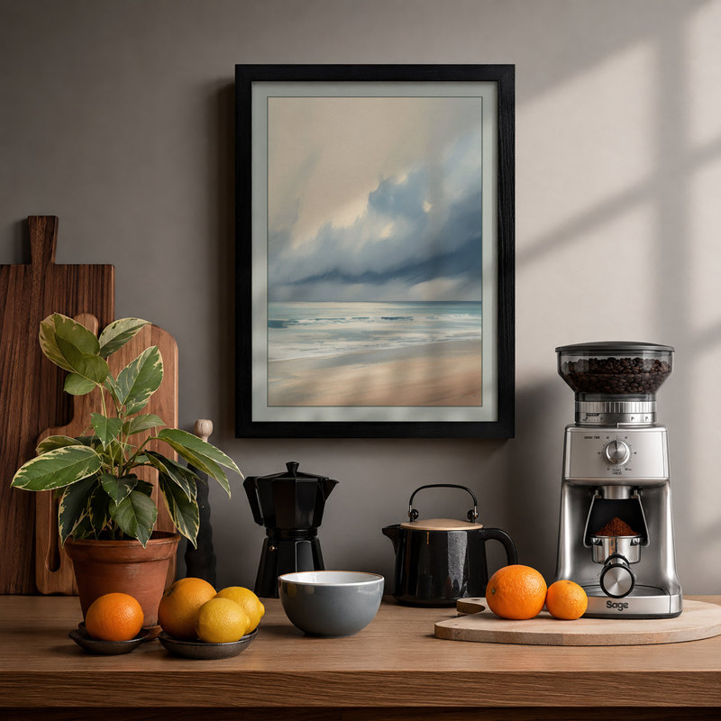 Seascape at Dusk Coastal - Framed Print, A4 - 29.7 x 21.0 cm, Black