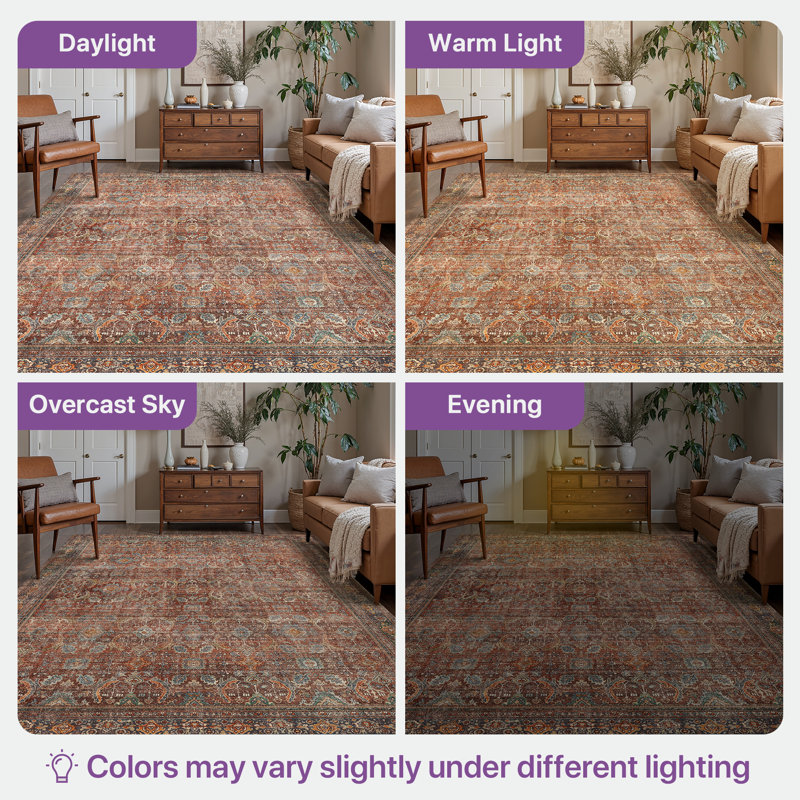 Abastos Oriental Performance Machine Washable Area Rug, Rectangle 8' x 10', Red/Brick