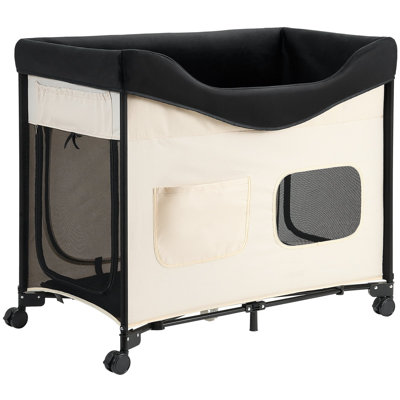 Elevated Lounge Pet Bed, Foldable Bunk Dog Bed With 600D Oxford Cloth And Dutch Velvet, Portable Raised Cot With Wheels, Side Storage Bags, And Carry Bag For Cats And Dogs, XL, Beige