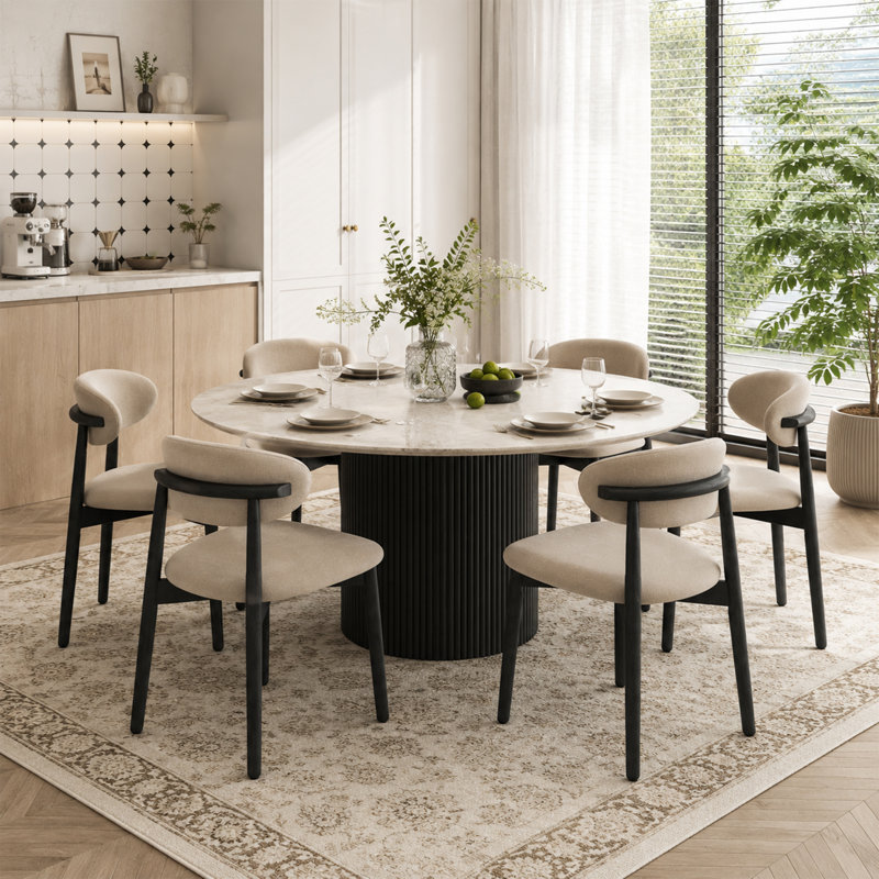 Mid Century Modern Dining Chairs With Brown Solid Wood Legs, Beige Kitchen Chairs, Black, 4
