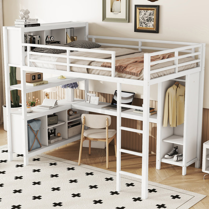 Metal Loft Bed With Wardrobe And L-Shaped Desk, Full Size Loft Bed With Storage Cubes And Shelves, Heavy Duty Loft Bed For Kids Teens Adults