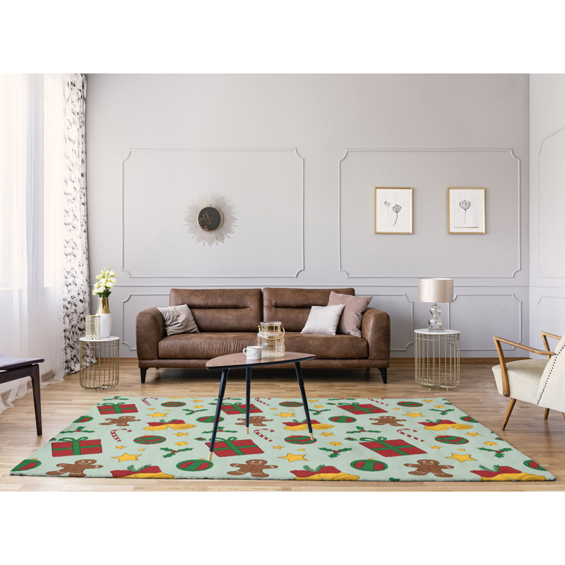 Tapis vert/rouge/jaune fait main, Rectangle 9 pi x 12 pi