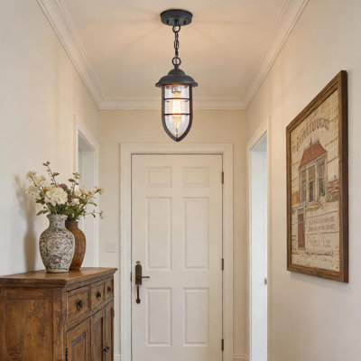 Mini-luminaire d'extérieur Farmhouse pour porche, lanterne suspendue avec verre ensemencé, plafonnier extérieur imperméable fermé noir pour patio, entrée, pavillon de jardin, chaîne réglable incluse