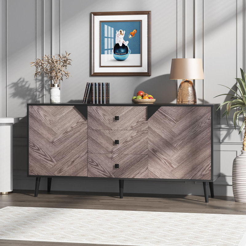Buffet 55,1 pouces à 3 tiroirs avec rangement, Gris