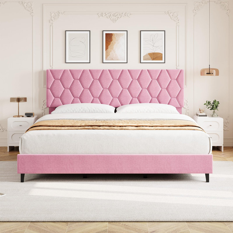 Queen Bed Frame With Upholstered Headboard, Heavy-Duty Platform Bed Frame With Strong Wood Slats, Queen, Pink