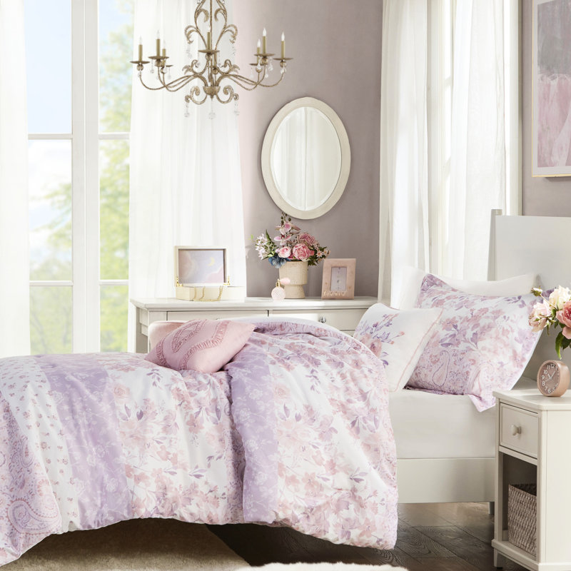 Lit double / grand avec édredon à motif cachemire floral romantique, 2 taies décoratives et coussins, édredon rose élégant / double, microfibre, coussin