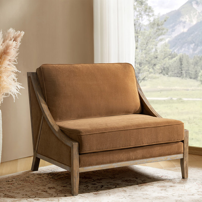Theoren 37.5"W Farmhouse Oversize Solid Wood Accent Chair, Caramel