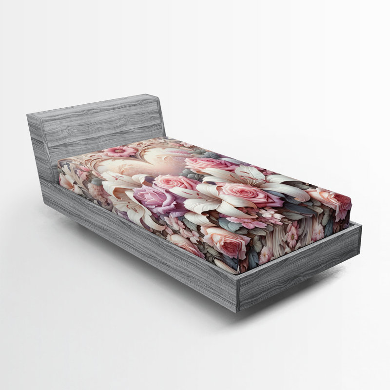 Drap-housse romantique Ambesonne_ Fleurs de jardin amour pastel_ Pêche rose pâle et lilas, Simple TG