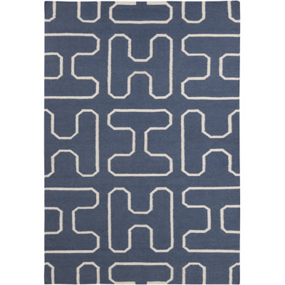 Tapis d'intérieur en laine et coton à motif géométrique réversible à chevrons bleu et blanc Chevella