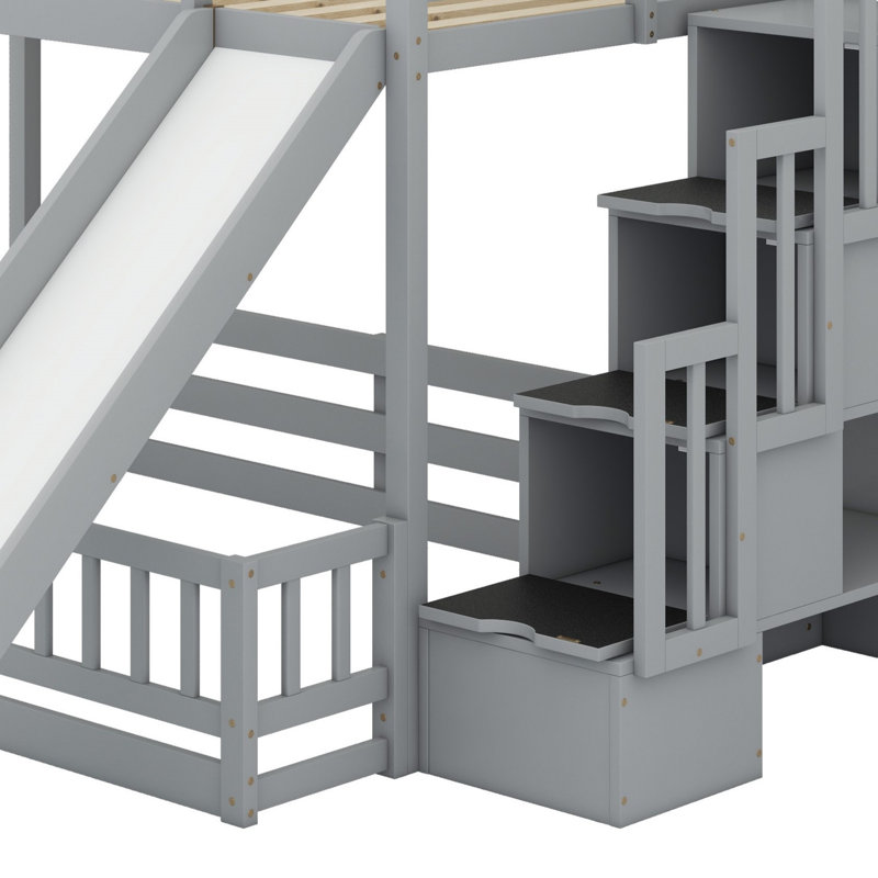Lit superposé en bois avec glissade, escalier de rangement, barrières de sécurité, Gris