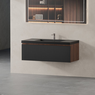 Ensemble de meuble-lavabo flottant 42 po avec lavabo, meuble de rangement mural moderne à rayures avec tiroirs à fermeture en douceur et lavabo à quartz noir, noyer fumé CM-24V16-42WAB