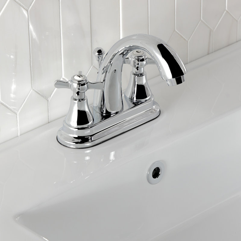 Kingston Brass Essex Two-Handle 3-Hole Deck Mount 4" Centerset Bathroom Faucet with Brass Pop-Up, Polished Chrome