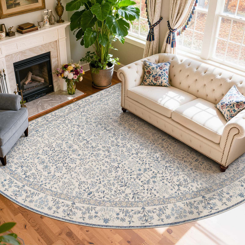 Floral Machine Washable Area Rug, Blue, Corner 8' x 8'